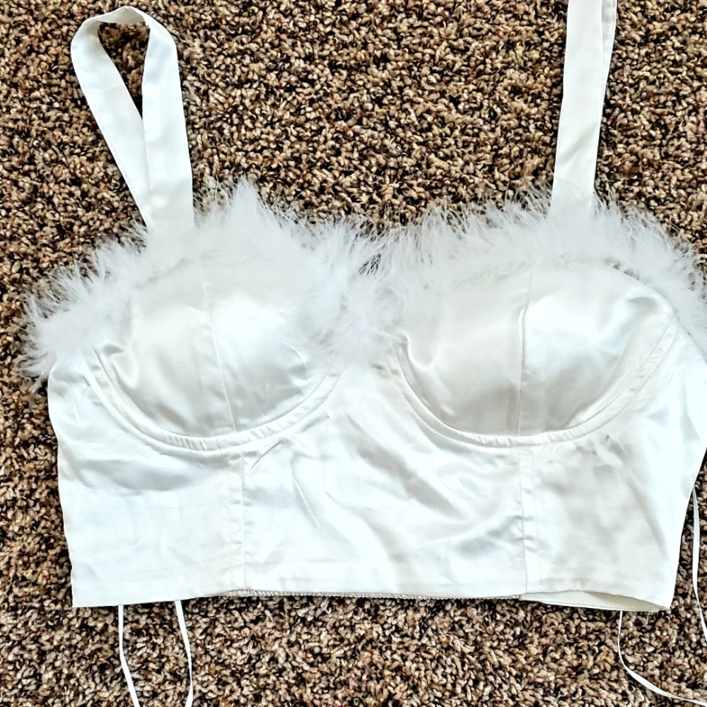 Womens White Satin Meraki Halter Fluffy Top with Straps Size M